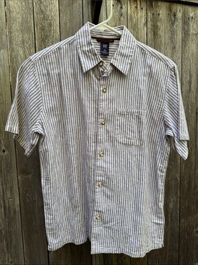 GAP kids Short Sleeve Striped Button-Up Shirt - Beige & White